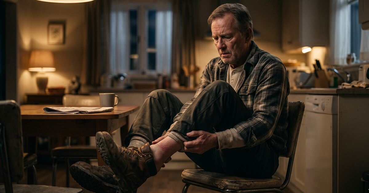 An older man relaxed in his armchair, ChillCuffs secured around his ankle, reading the paper.