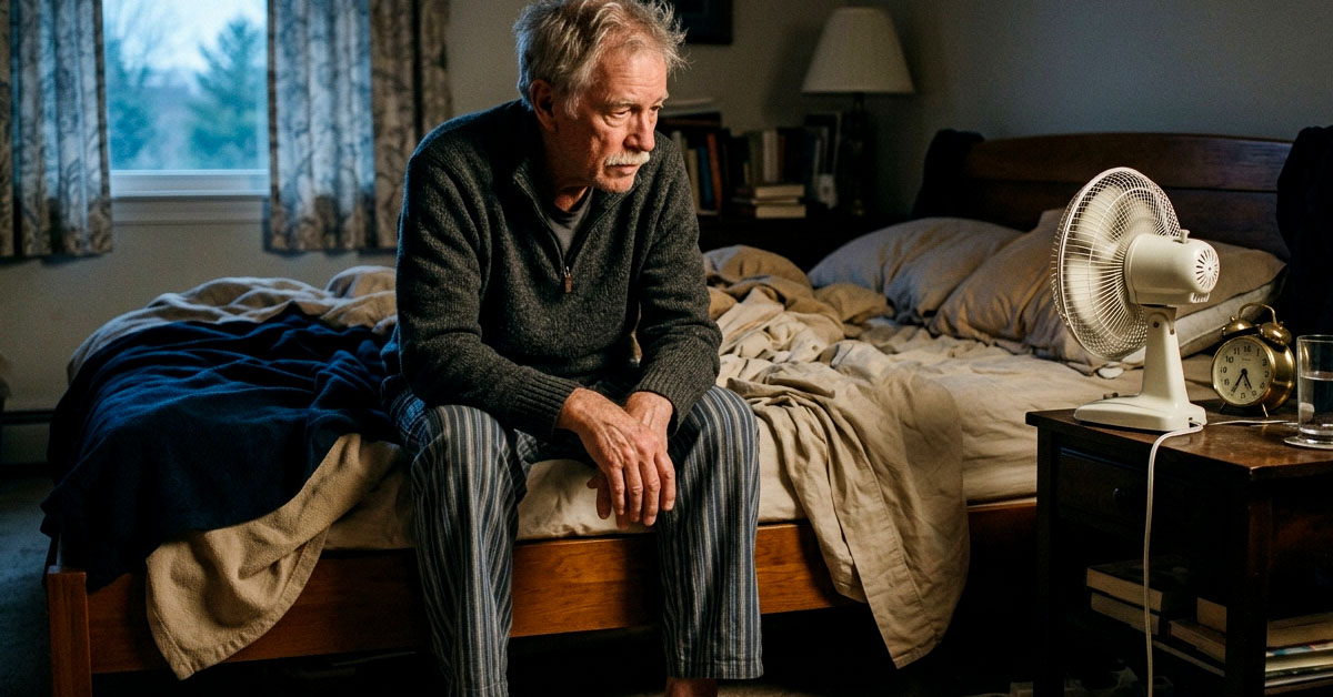 A man lying awake in bed at night while his wife sleeps soundly beside him, the room lit only by a clock reading 3:30