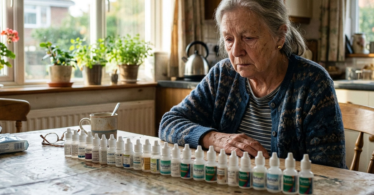 Close-up of a cabinet shelf crowded with various eye drop bottles, dust on a few of them