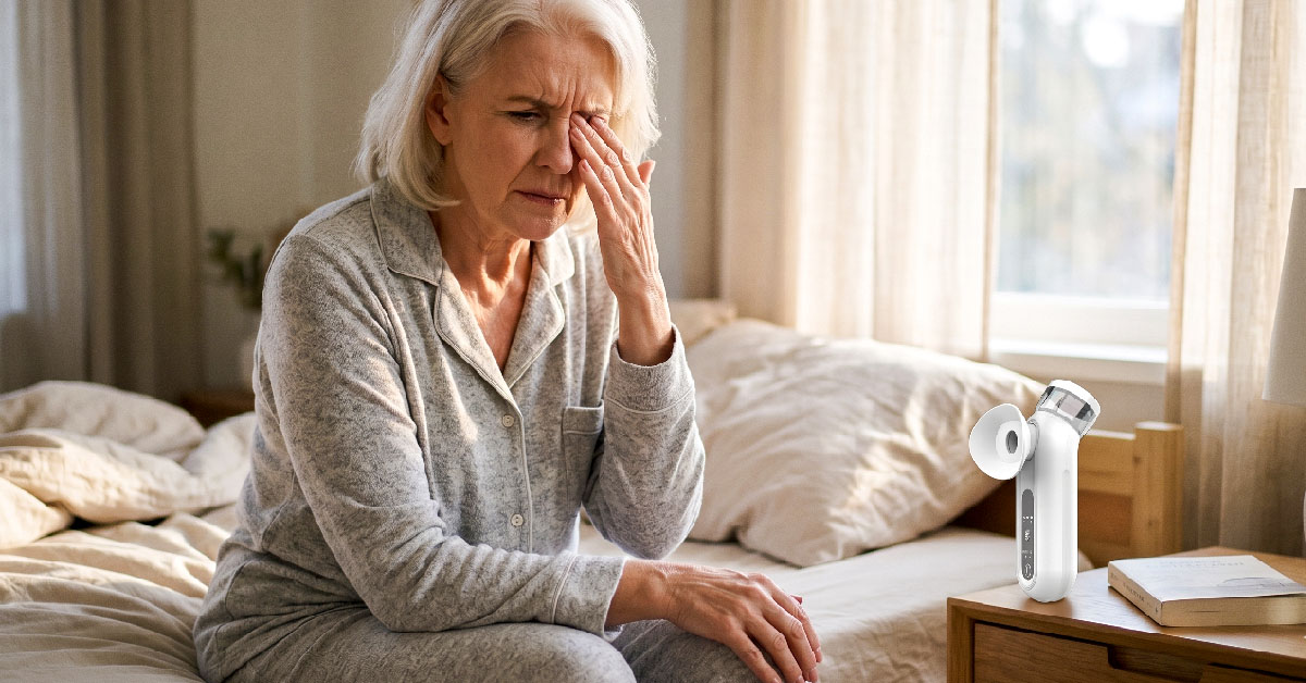 Close-up of tired eyes in early morning, slightly red and irritated, with a clock blurred in the background showing it's barely past sunrise