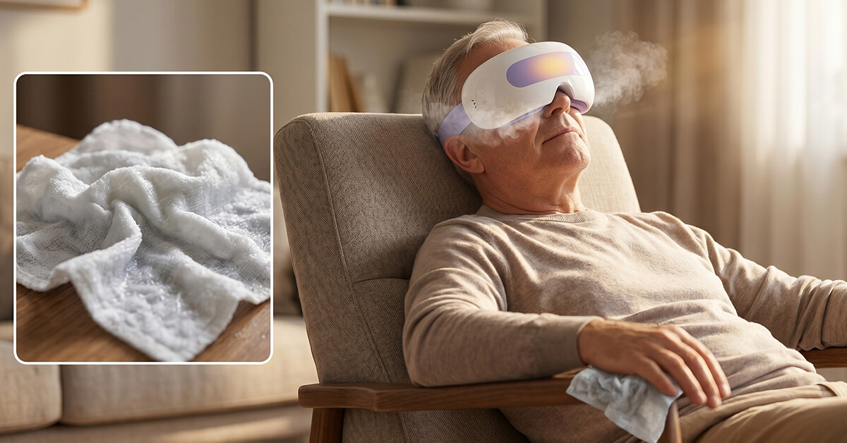 Split image — on the left, a cold, limp washcloth dripping onto a saucer; on the right, the EyeVale glowing softly with a steady stream of fine mist
