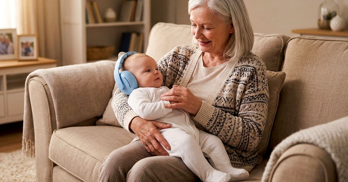 A grandmother and baby watching fireworks together at night, the baby wearing the soft headphones and gazing upwards in wonder.
