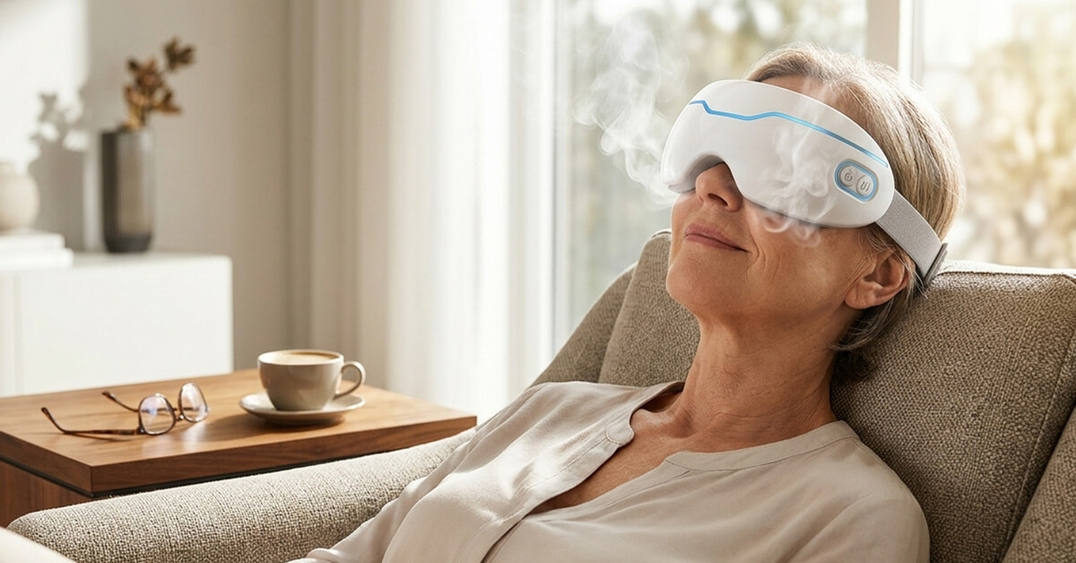 Split comparison — on the left, a bottle of eye drops with a frustrated expression; on the right, the SerenEye in use with a soft glow of warmth and mist