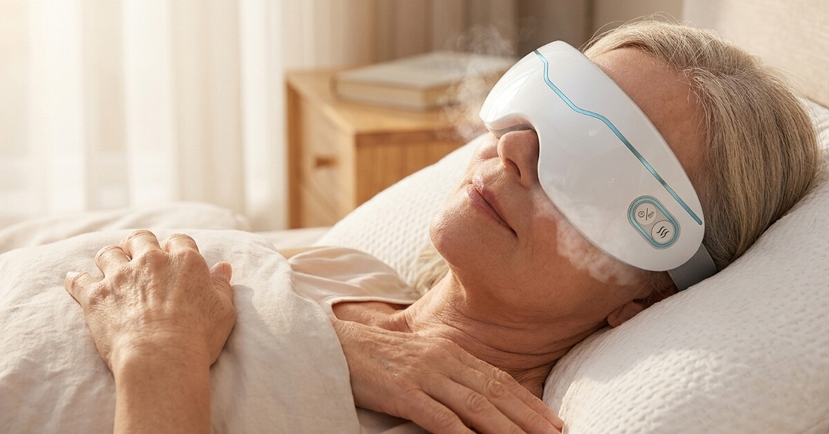 A frustrated senior sitting on the edge of the bed at dawn, pressing the heels of their palms into both eyes