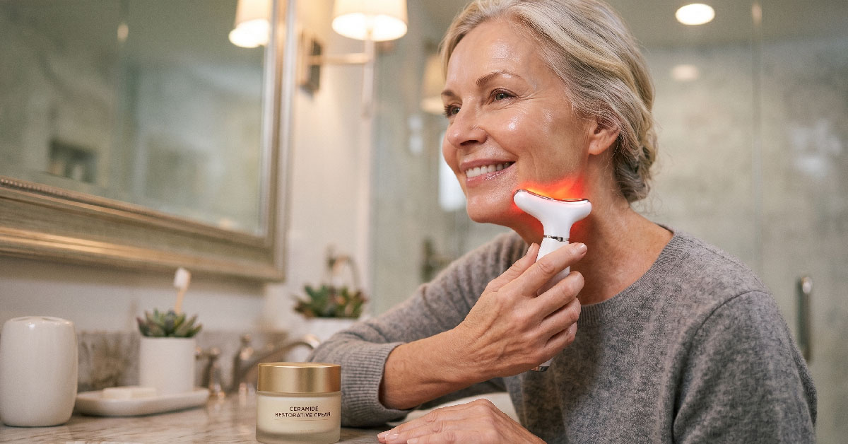A close-up split comparison showing serum sitting on the skin's surface versus being gently pressed deeper