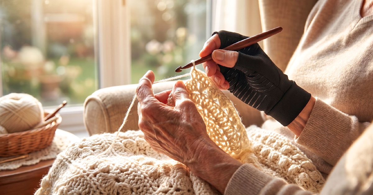 A close-up of a hand pressing into the opposite wrist, a grimace of discomfort, the crochet project set aside on the armrest
