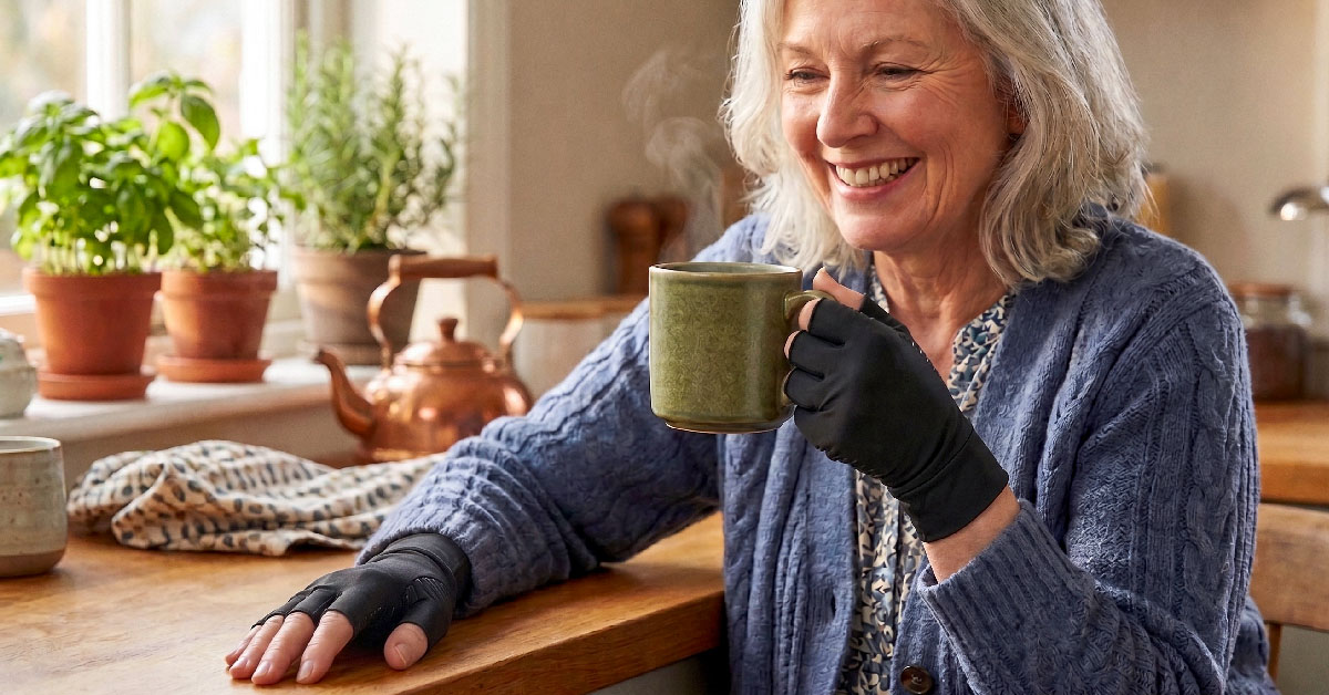 Two older women at a card table, one discreetly handing the other a pair of copper compression gloves, both smiling knowingly
