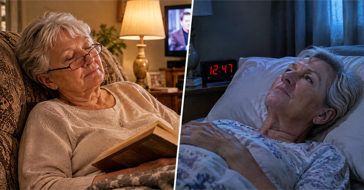 TWO-GEARS — simple two-panel illustrated diagram, flat and friendly, not clinical. LEFT panel "ALERT": simplified body outline in warm amber, small icons around it — raised heart rate line, wide eye, busy scribble of thought lines around the head. RIGHT panel "REST": same outline in calm blue, flat slow heart line, closed eye, thought lines faded to almost nothing. Large label under each. Big legible type — reader is 65+. No anatomical realism, no gore, no medical-textbook look.